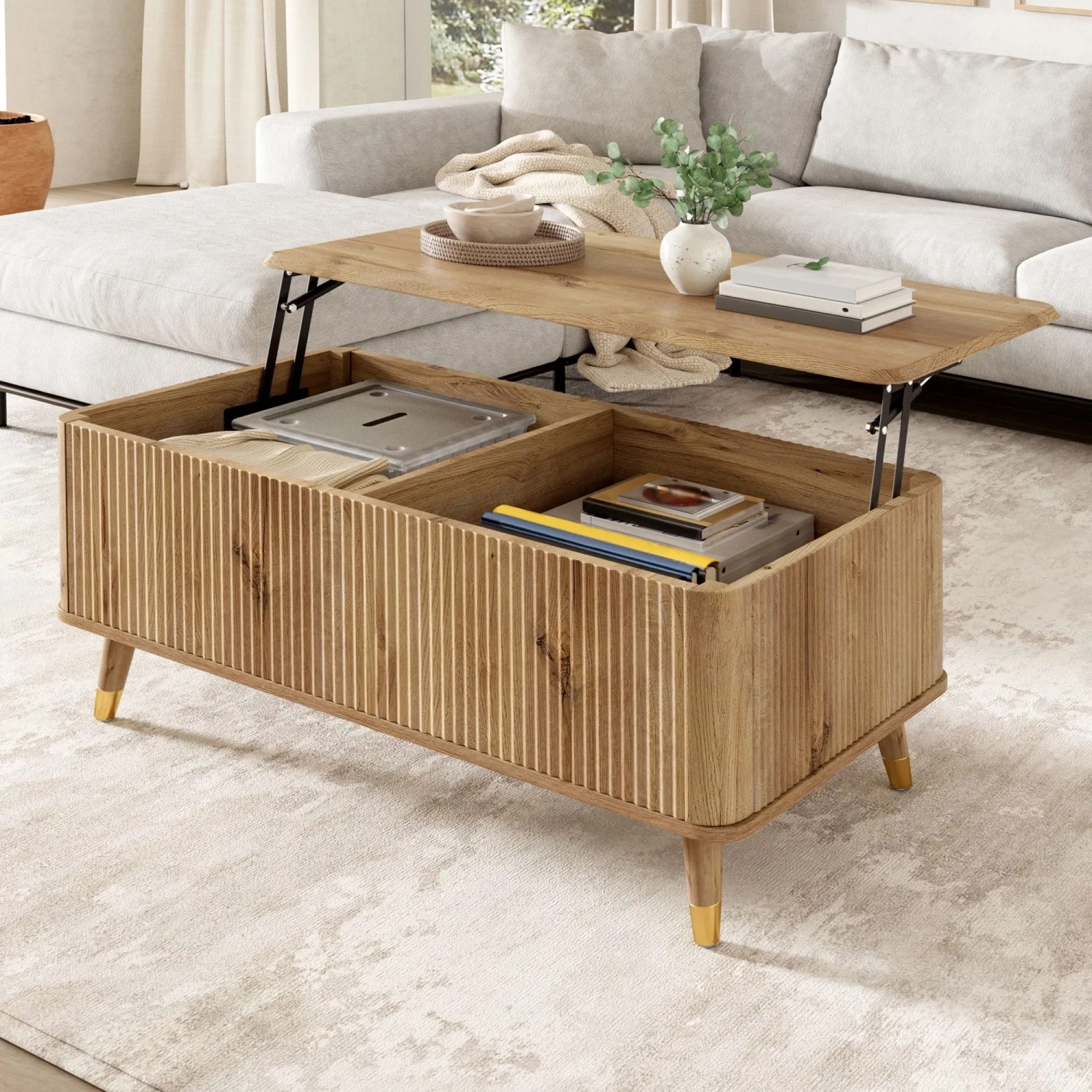 Merax Couchtisch Höhenverstellbar Wellenoptik Stauraum Holzoptik_4