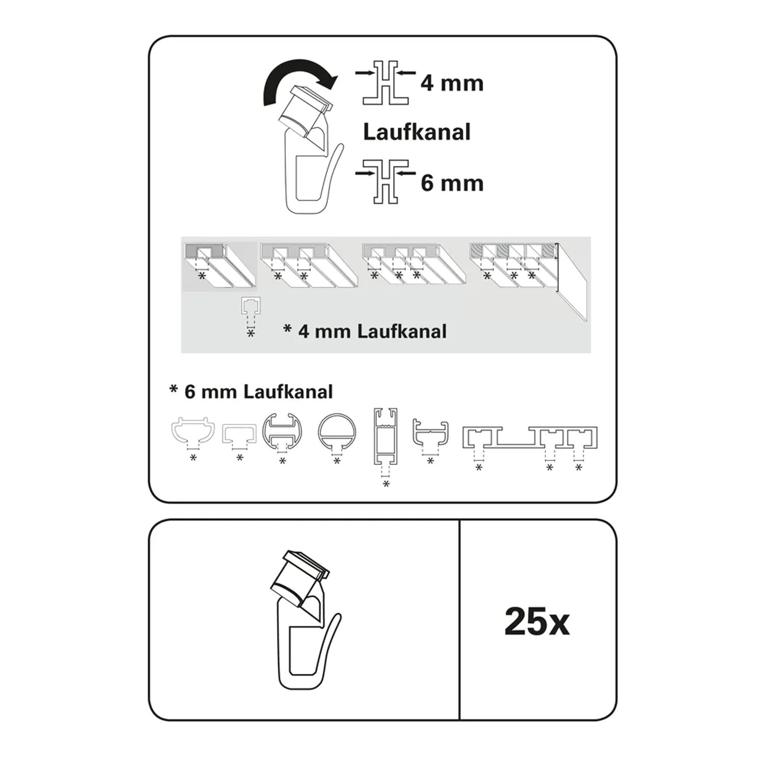 Gardinia Duo X-Gleiter 25er-Pack: Weißer Gleiter für Gardinenschienen mit 4 und 6 mm Laufkanal.