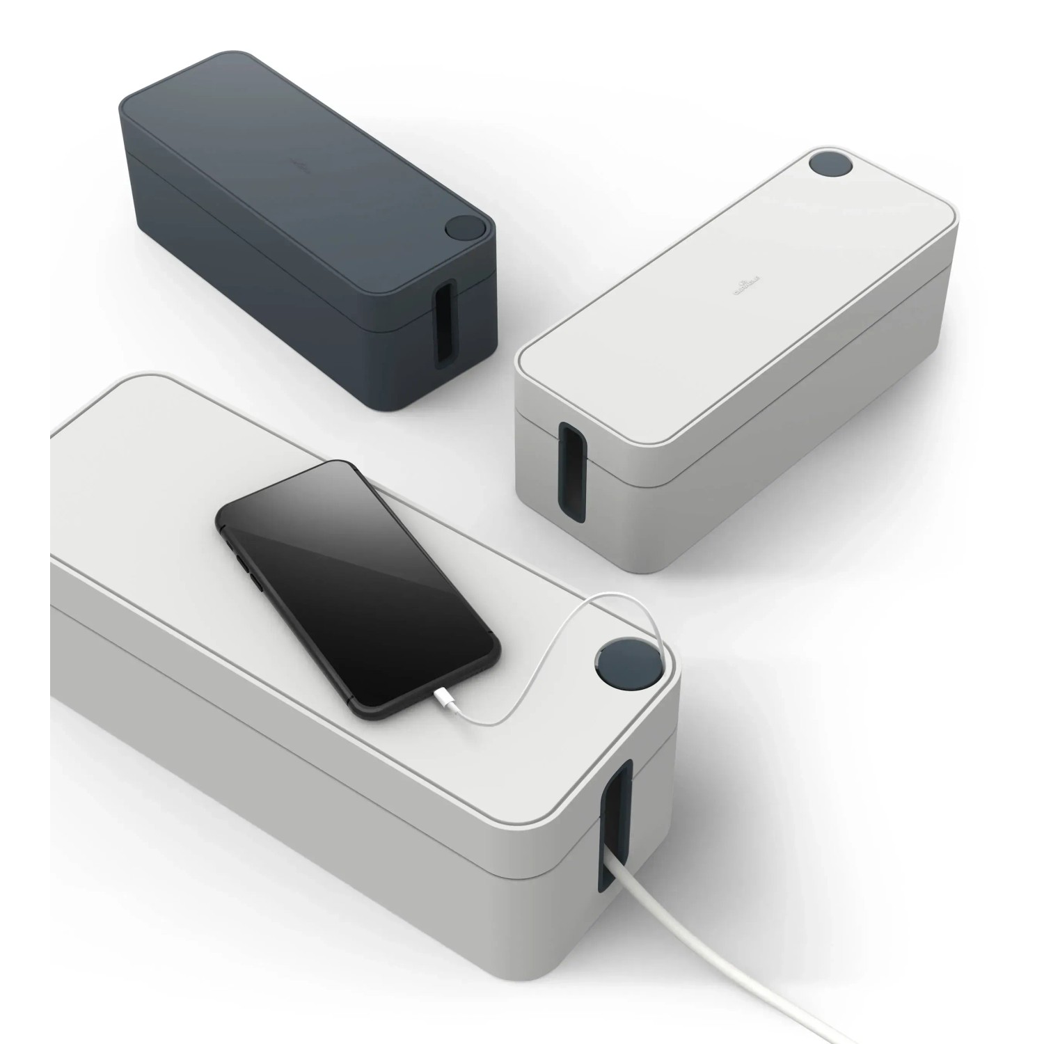 Durable Cavoline Box L, hellgraue Kabelbox für Bürobedarf, mit Smartphone auf dem Deckel.