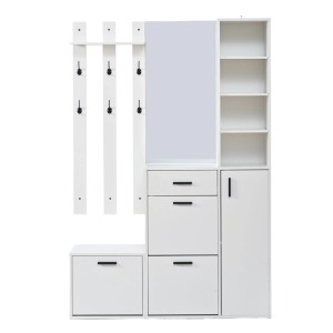 Weiße Garderobe mit Spiegel, Schuhschrank, Haken und Ablagen. Modernes Garderoben-Set für den Flur.