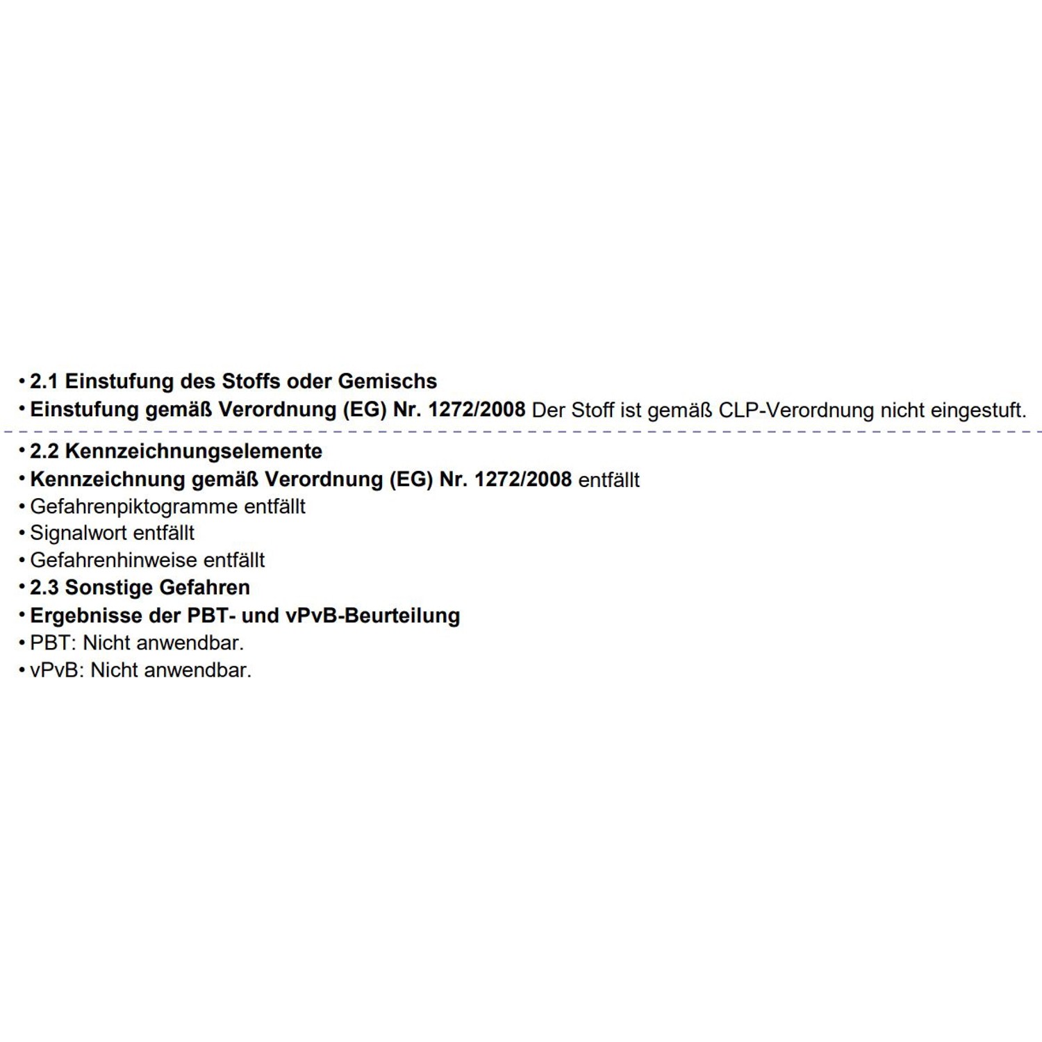 Sicherheitsdatenblatt-Ausschnitt: Keine Einstufung gemäß CLP-Verordnung.