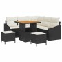 8-teiliges Garten-Sofa-Set aus Poly Rattan und Akazie mit Tisch und Hockern.