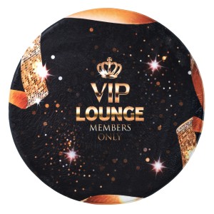 Runder Sanilo Badteppich VIP-Lounge, Ø 80 cm, mit goldenem VIP-Lounge Motiv auf Schwarz.