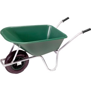 Grüne Garten- und Bauschubkarre mit 100 l Mulde und 120 kg Tragkraft.