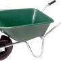 Grüne Garten- und Bauschubkarre mit 100 l Mulde und 120 kg Tragkraft.