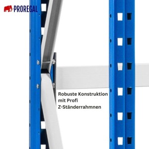 Detailaufnahme PROREGAL Weitspannregal Maximus Pro: Blaue Ständerrahmen mit Z-Profil und weißer Verstrebung.