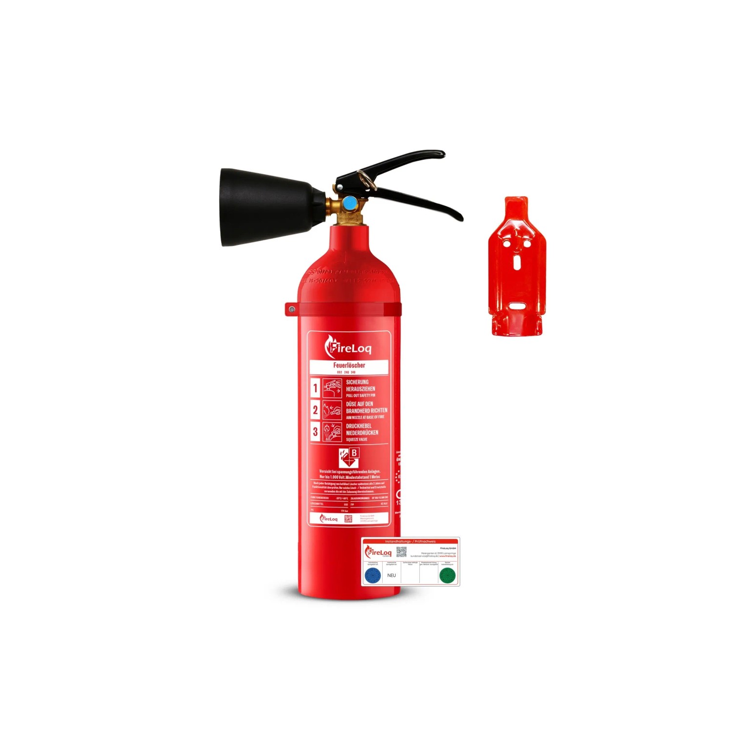 FireLoq 2kg Co2 Stahl Behälter Feuerlöscher 34B inkl. Prüfnachweis Wandhalter