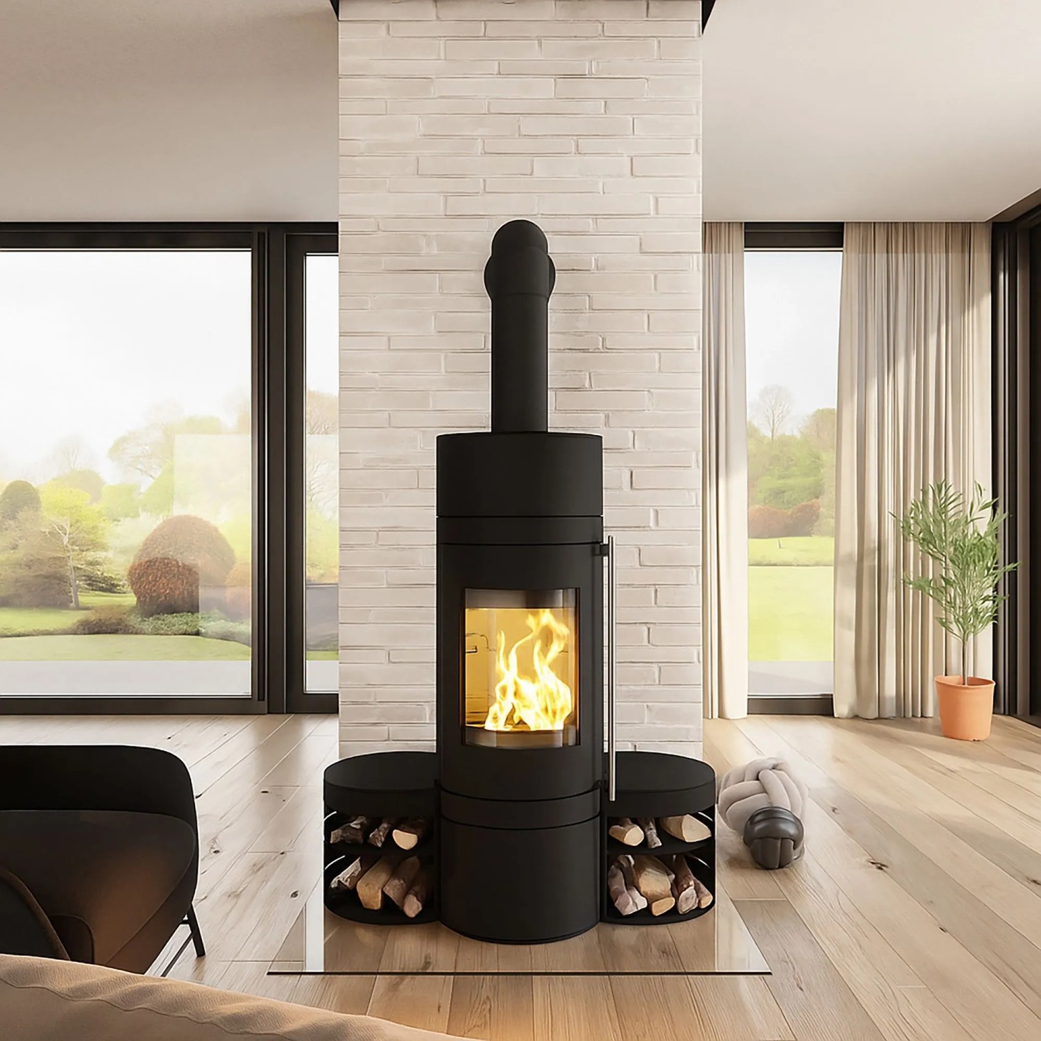 Schwarzer Haas+Sohn Kaminofen (5,5 kW) mit Holzfächern und brennendem Feuer im Wohnraum.