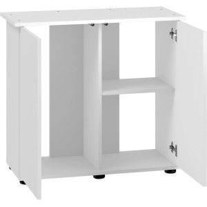Weißer Juwel Aquariumunterschrank SBX Rio 125 mit offenen Türen und Regalfach.