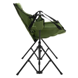 Khaki Camping-Schaukelstuhl, faltbar mit Stahlgestell und Getränkehalter.
