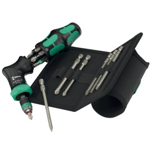 Wera Bit-Handhalter-Set Pistol RA-R 2, 13-teilig mit Bit-Magazin und Gürteltasche.