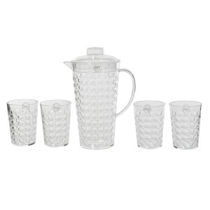 Transparente Kunststoff-Kanne (2 l) mit 4 Gläsern, Geschirr-Set für Getränke.