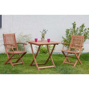 3-teiliges Gartenmöbel-Set Cordoba aus braunem Eukalyptusholz mit Klapptisch und 2 Klappsesseln.