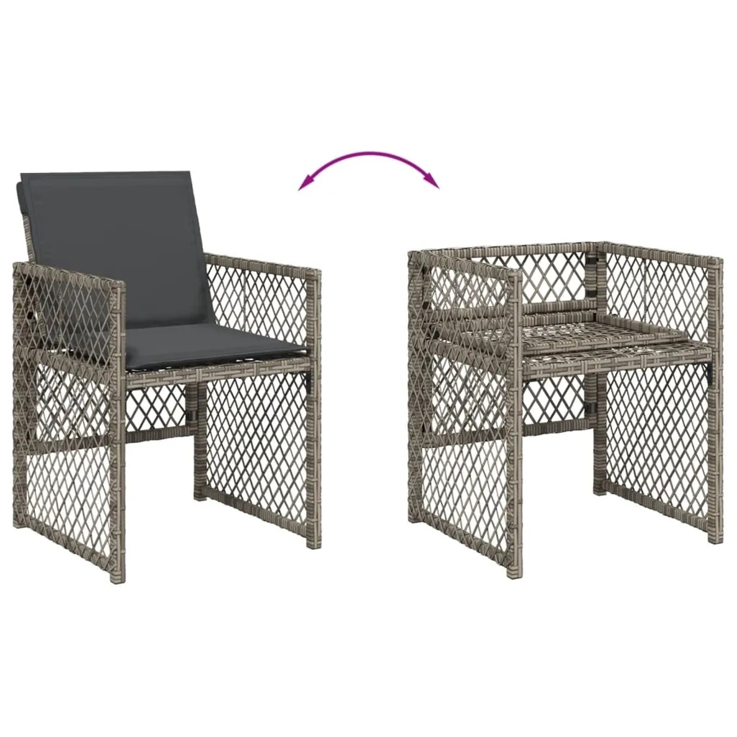 Gartenstuhl aus Rattan, grau, stapelbar mit Kissen. Teil der vidaXL 13-tlg Essgruppe.