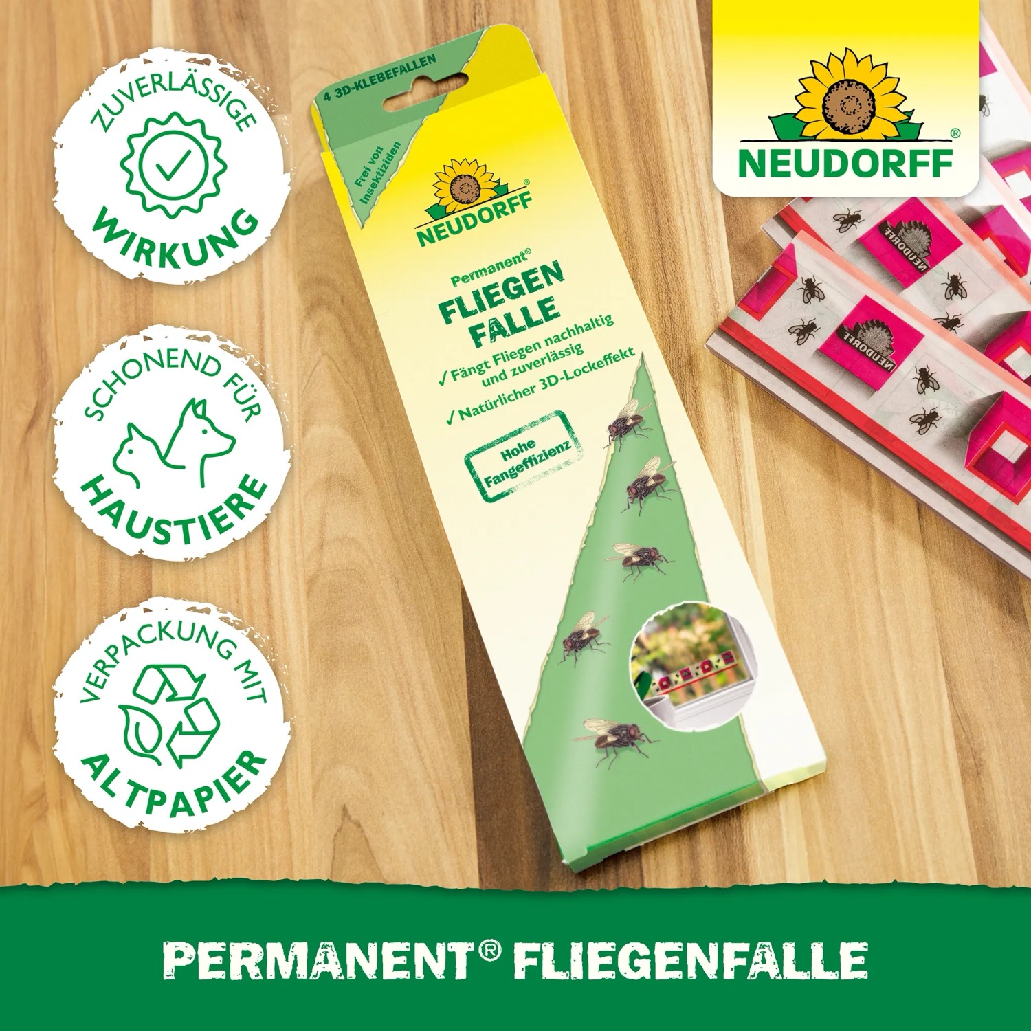 Neudorff Permanent Fliegenfalle, 4er-Packung. Insektizidfreie Klebefalle mit 3D-Lockeffekt für den Innenbereich.