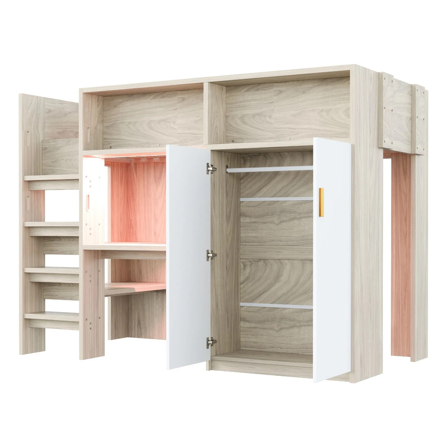okwish Hochbett 90x200cm mit Schreibtisch und Kleiderschrank Kinderzimmer Natur ohne Matratze
