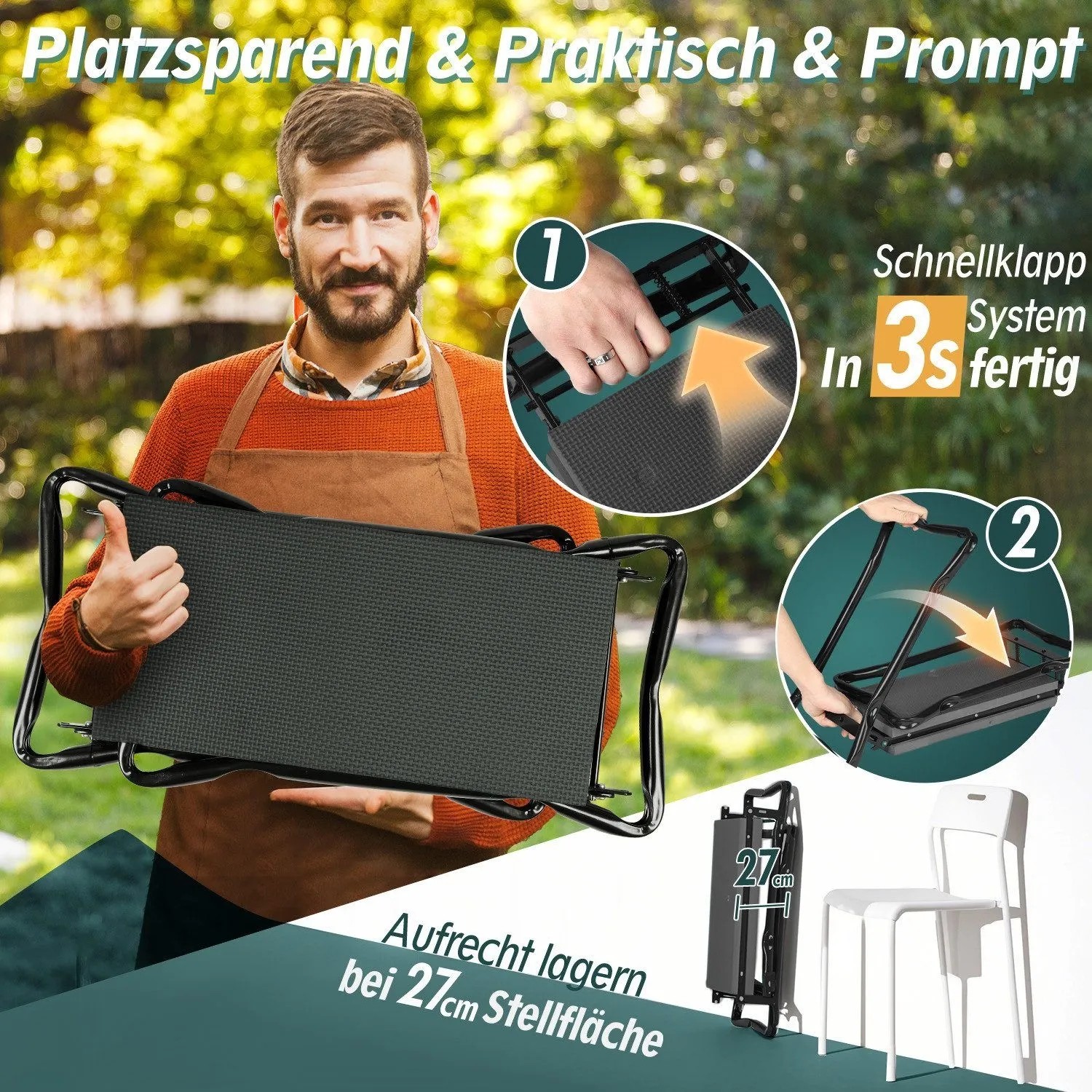 Mann im Garten mit schwarzer, gepolsterter Sekey Kniebank 2 in 1. Schnell klappbar, platzsparend verstaubar.