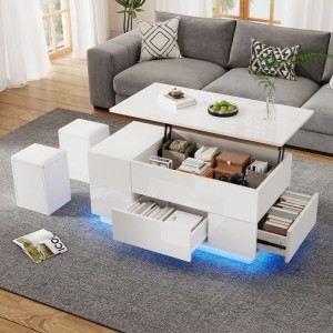 Merax Couchtisch Höhenverstellbar Mit LED 2 Schubladen 2 Hocker Stauraum Weiß