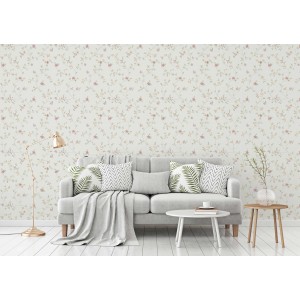 Livingwalls Blumentapete in Creme, Beige, Grün, Rosa und Orange im Wohnraum.