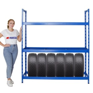 Blaues PROREGAL Reifenregal Tiger XL mit 6 Reifen auf einer Ebene. Ideal zur Reifenlagerung.