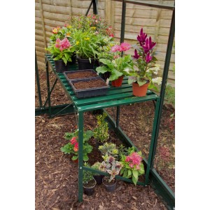 Grüner Alutisch mit einer Ablagefläche im Gewächshaus, bepflanzt mit Blumen.