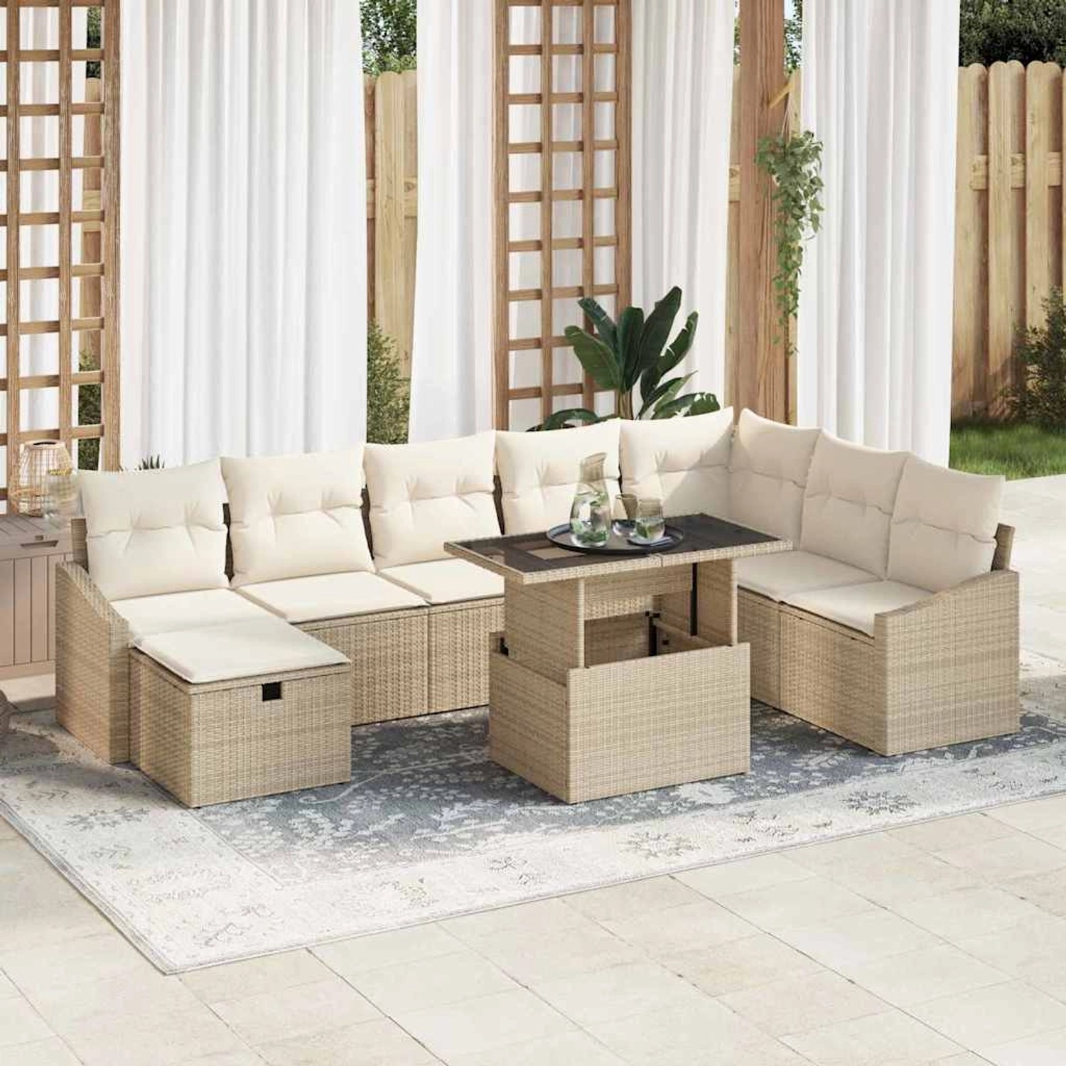 Beiges 9-teiliges Garten-Sofa-Set aus Poly Rattan mit höhenverstellbarem Tisch.