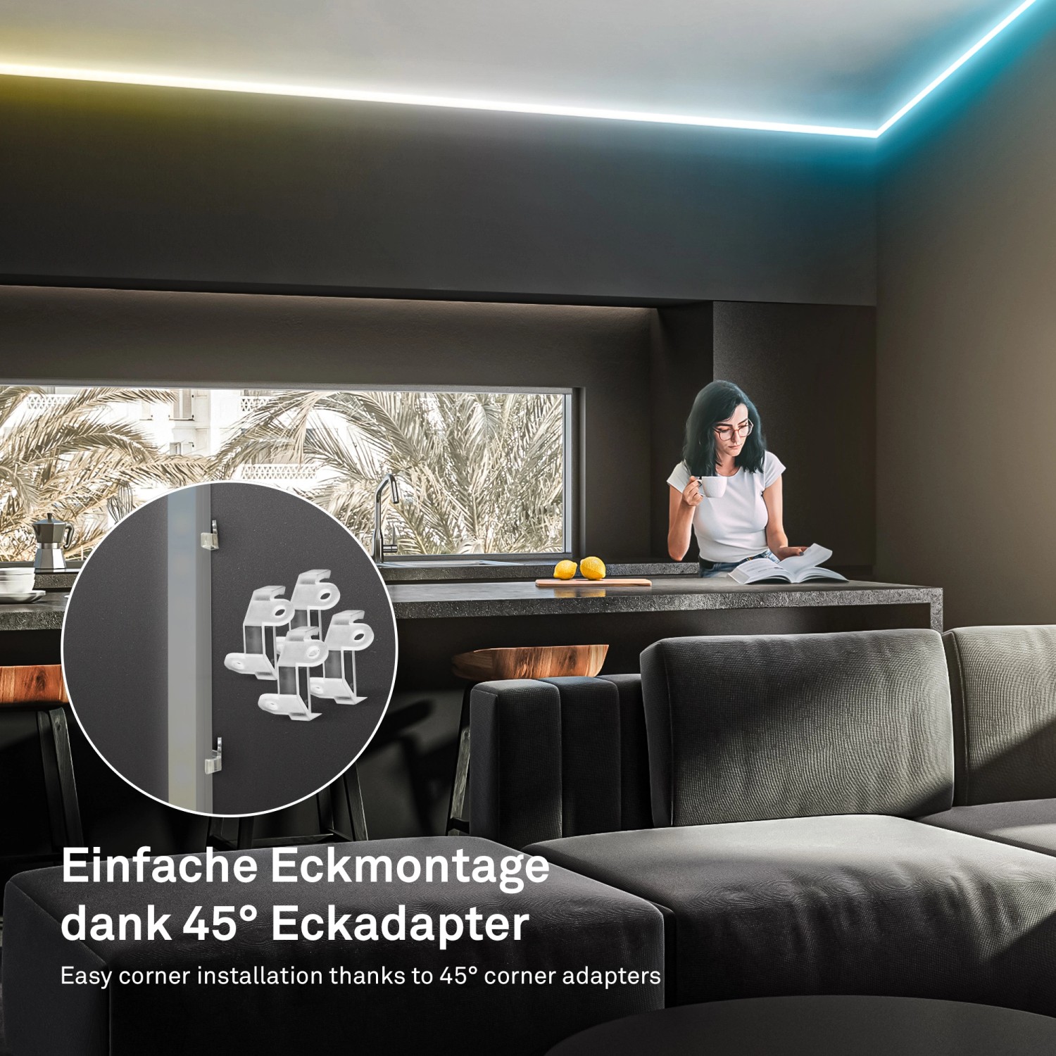 Briloner Eckadapter 4er-Set für LED-Streifen in Raumecke montiert.