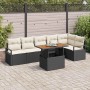 7-teiliges Gartensofa-Set von vidaXL aus schwarzem Poly Rattan mit Kissen und Tisch.