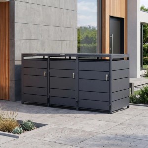 Moderne osoltus PedBox Mülltonnenbox für 3 Mülltonnen in Anthrazit. Robuste Alu-Metallkonstruktion für Ordnung im Garten.