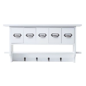 Weißes MCW Küchenregal C49 aus Paulowniaholz mit 5 Schubladen, 4 Haken und Stange. Praktisches Wandregal.