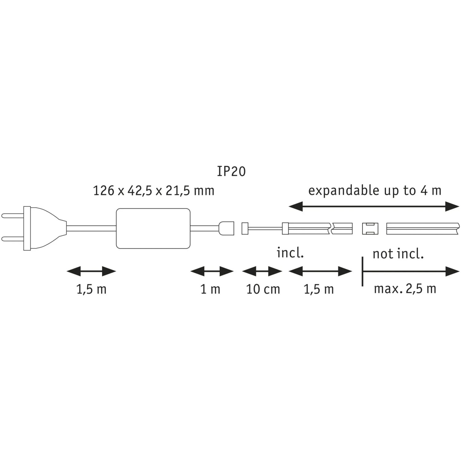 Schemazeichnung Paulmann MaxLED 500 LED Strip COB Basis-Set 1,5m mit Maßangaben.