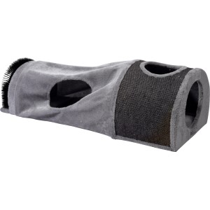 Graue, faltbare Katzenhöhle mit Kratzfläche, Tunnel und Spielball. Katzentunnel für drinnen.