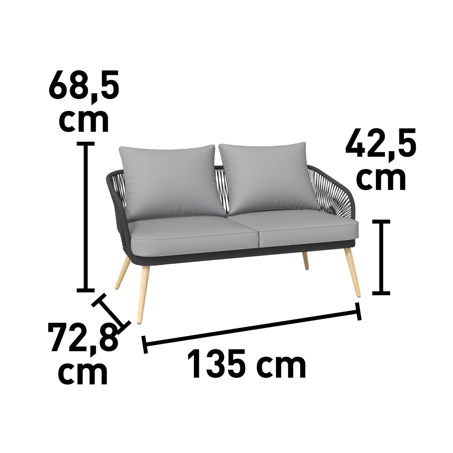 Lounge-Set Edna: 2-Sitzer Sofa mit Seilbespannung, anthrazitfarben, inkl. Kissen und Maßangaben.