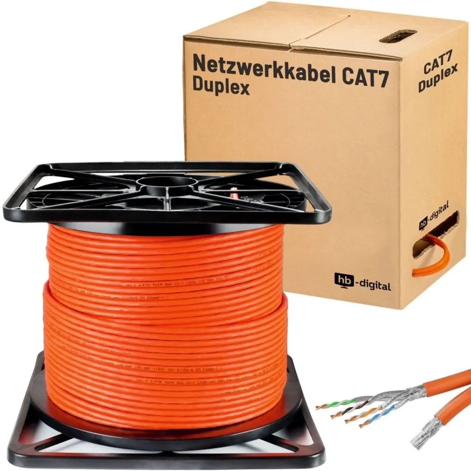 hb-digital CAT 7 Kabel Duplex Ethernetkabel LSZH max. 1000 MHz S/FTP AWG23 100m Orange