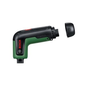 Bosch Akku-Reinigungsbürste Taydo in Schwarz-Grün, L-förmig, mit abgenommener Schutzkappe.