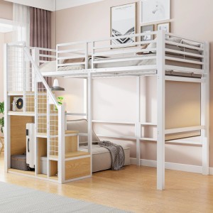 Modernes weißes Metall Hochbett 90x200cm mit Holzstufen, integriertem Stauraum und Ablagen. Platzsparendes Bett für Kinder.