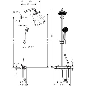 Technische Zeichnung Hansgrohe Showerpipe Croma 160 1jet mit Thermostat, Maße und Details.