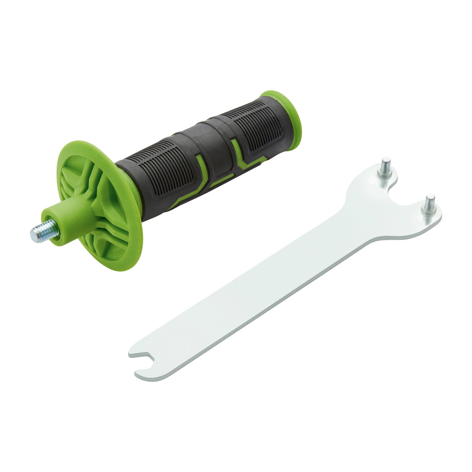 Zusatzhandgriff und Stirnlochschlüssel für LUX Winkelschleifer aus dem 3in1 Akku-Maschinenset.