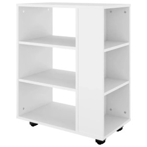 Weißer Rollschrank (60x35x75 cm) aus Holzwerkstoff mit drei offenen Fächern. Ideal als Büroschrank.