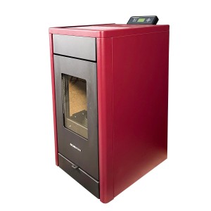 Roter SCHENGER Pelletofen HP07 8kW A++ mit Display und Sichtfenster.