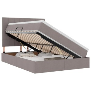 vidaXL Bett mit LED-Licht, Stauraum, taupefarben, Stoff, 140x200 cm. Bettrahmen mit hochgeklappter Matratze.