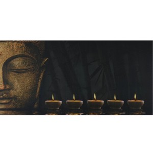 LED-Leinwandbild Buddha mit fünf flackernden Kerzen auf Wasser. Dunkler Hintergrund. Dekoartikel für Wohnräume.