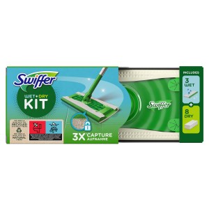 Swiffer Starter-Set: Bodenwischer mit 8 Trocken- und 3 Feuchttüchern für die Reinigung.