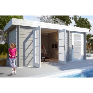 Modernes Carlsson Gartenhaus mit Flachdach, unbehandelt, 450x292 cm. Holz-Gartenhaus mit zwei Räumen.