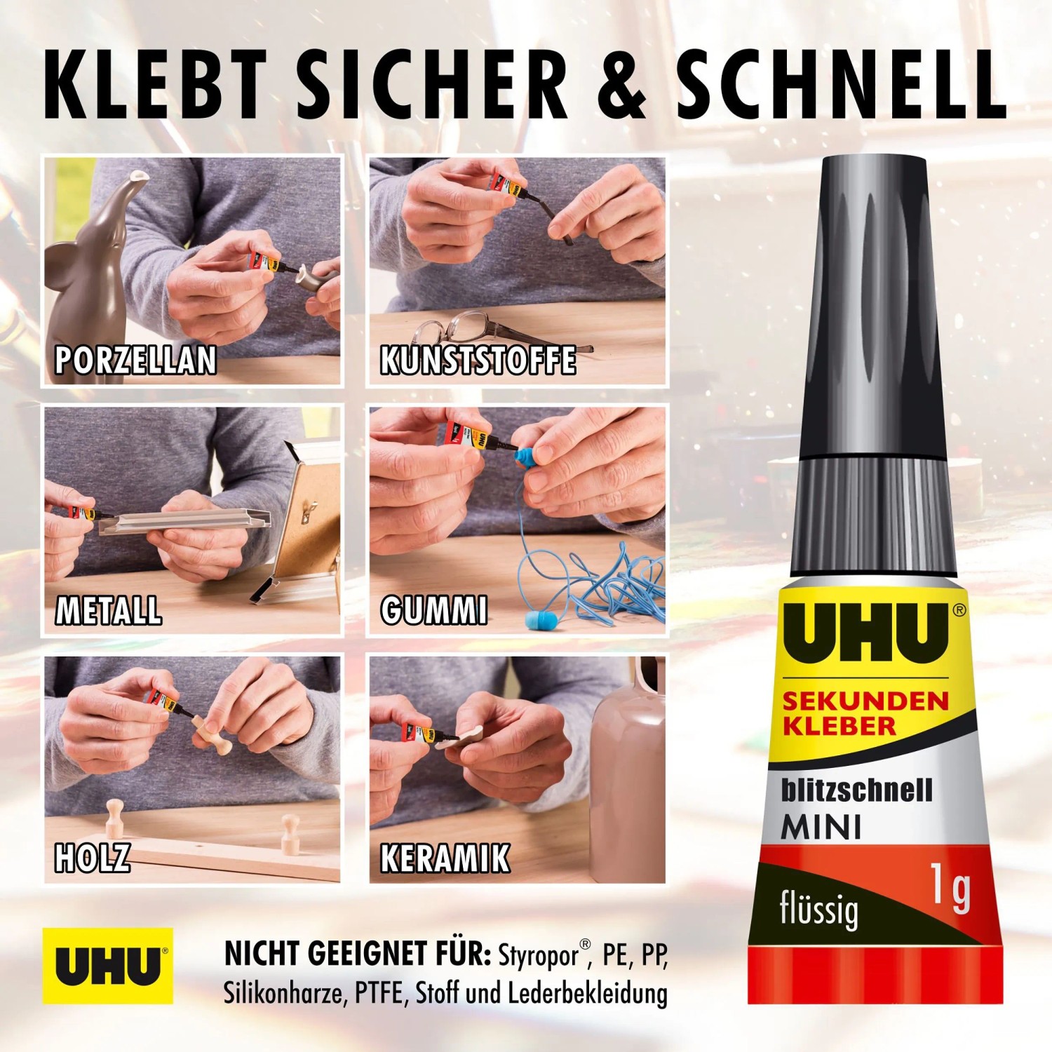 Uhu Sekundenkleber Blitzschnell Mini, 3 Tuben à 1g, für Porzellan, Kunststoff, Metall, Gummi, Holz und Keramik.