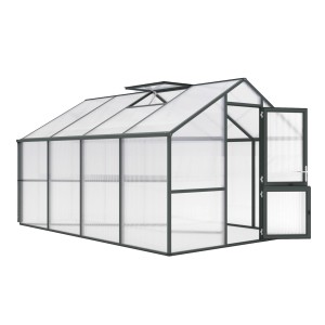 KGT Gewächshaus Tannengrün, 12,74 m², mit geöffneter Tür und Dachfenster.