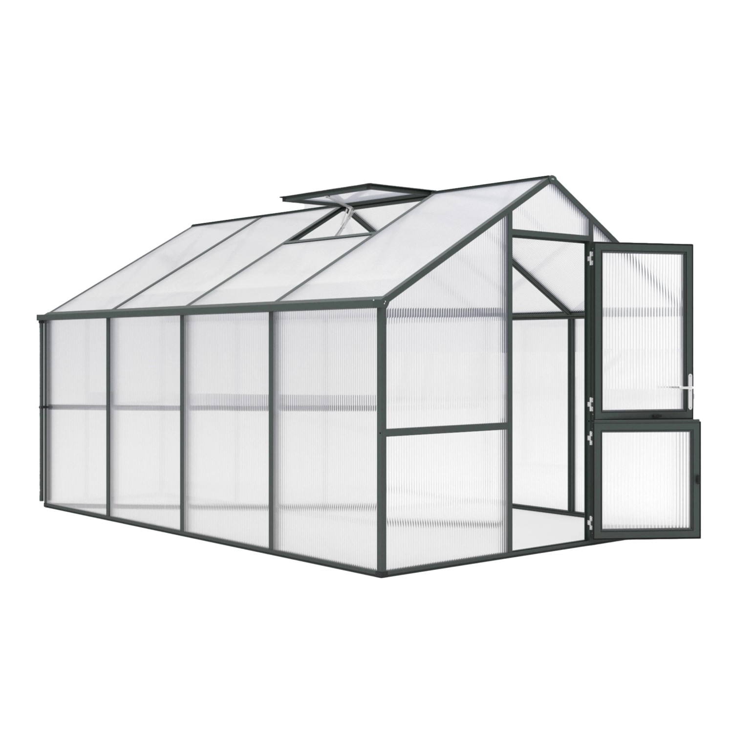 KGT Gewächshaus Tannengrün, 12,74 m², mit geöffneter Tür und Dachfenster.