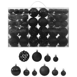 vidaXL 100-tlg. Weihnachtskugel-Set Schwarz, verschiedene Größen und Designs in transparenter Box.