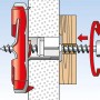 Fischer Duotec Kippdübel 10 S mit Schraube, Montage in Gipskarton und Holz dargestellt.