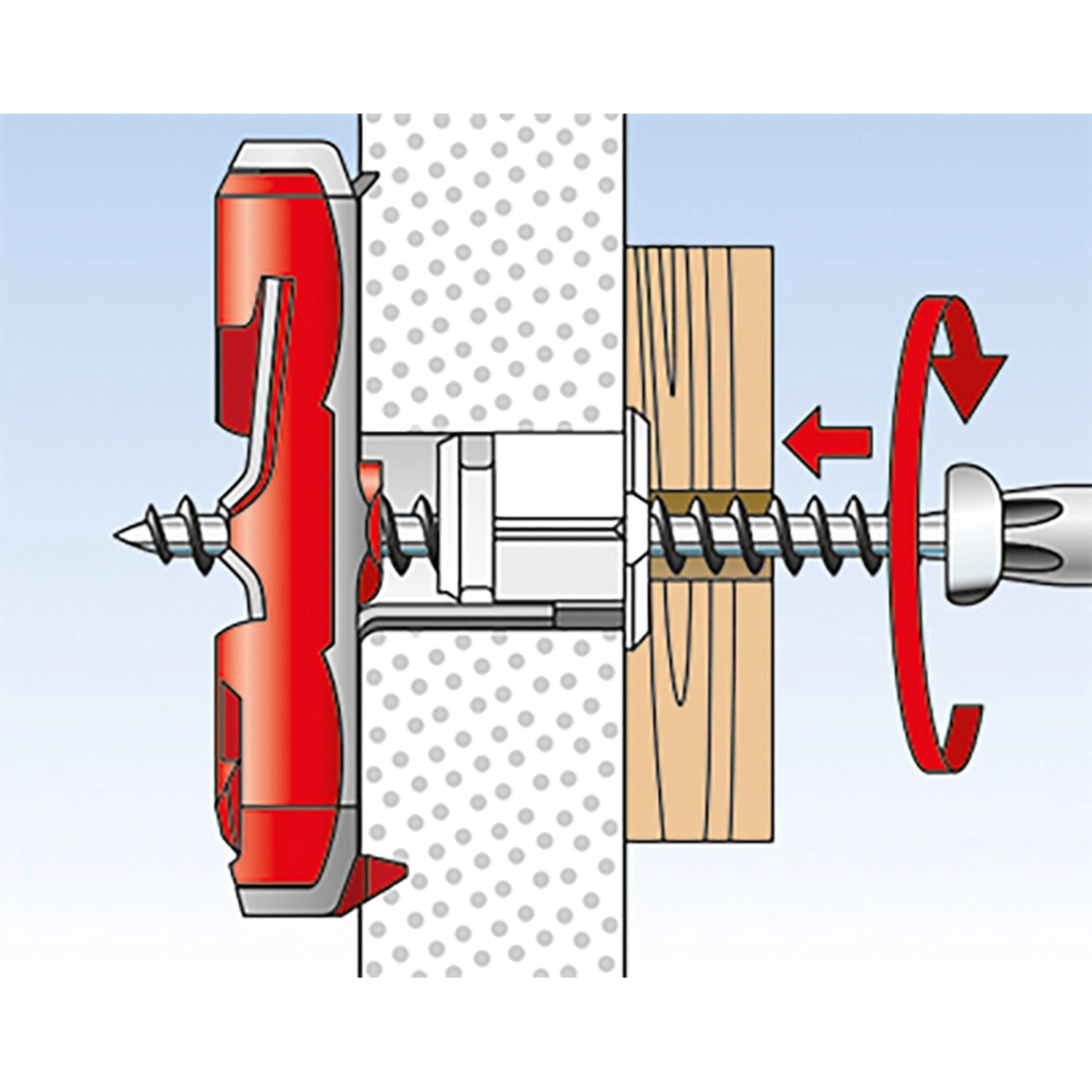 Fischer Duotec Kippdübel 10 S mit Schraube, Montage in Gipskarton und Holz dargestellt.